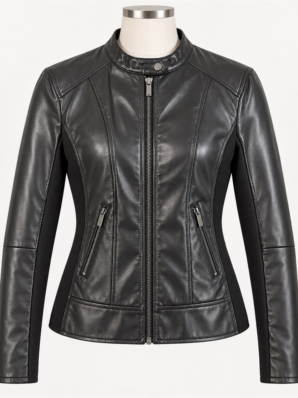 Kenneth Cole Black Faux Leather Moto Jacket with Stretch Panels